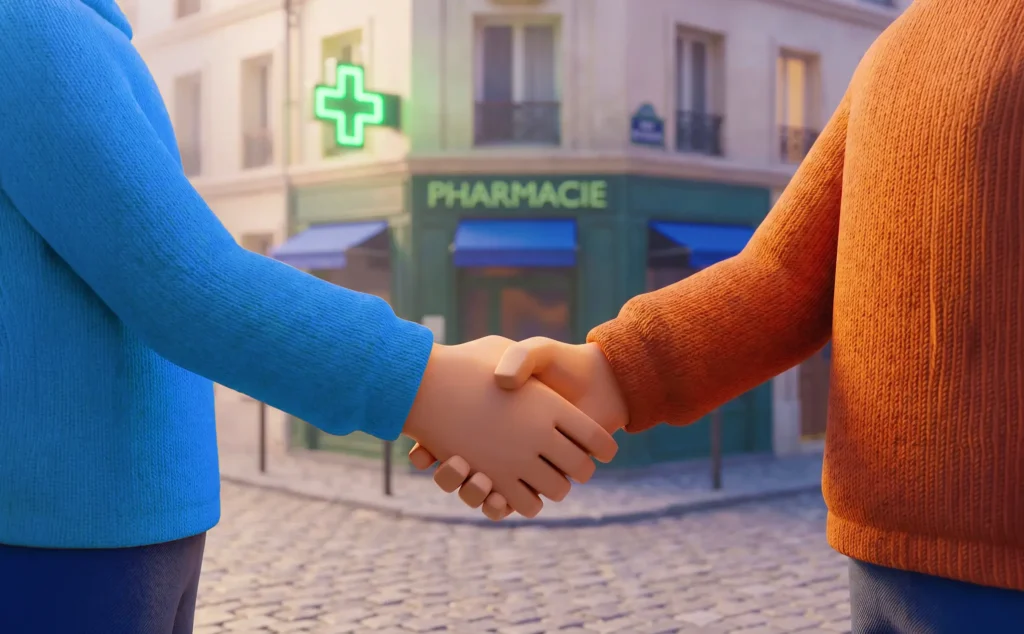 2 hommes ce serre la main devant une pharmacie