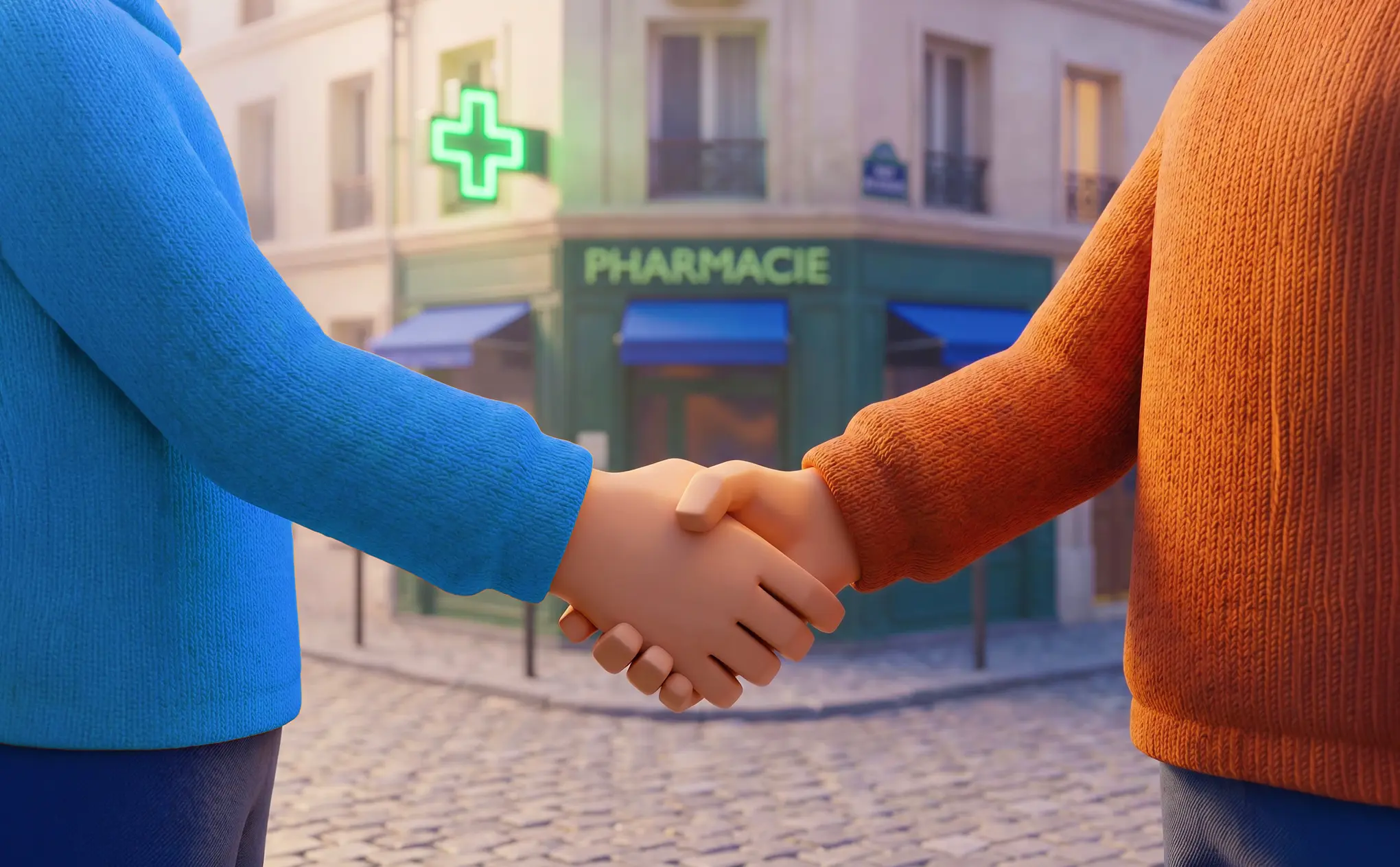 2 hommes ce serre la main devant une pharmacie